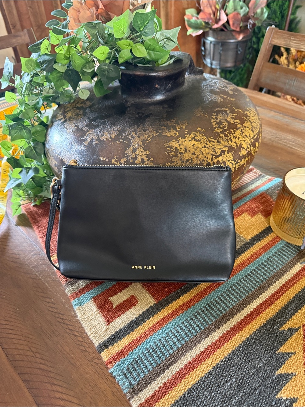 Anne Klein Black Leather Wristlet with Gold Logo